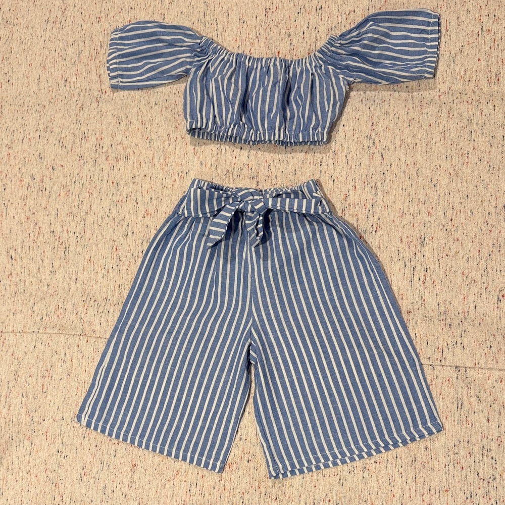 Blue and White Striped Two-Piece Crop Top & Wide Leg Pants Set